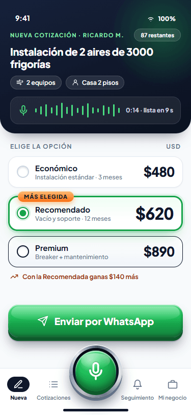 Cotización lista con tres opciones y botón de WhatsApp