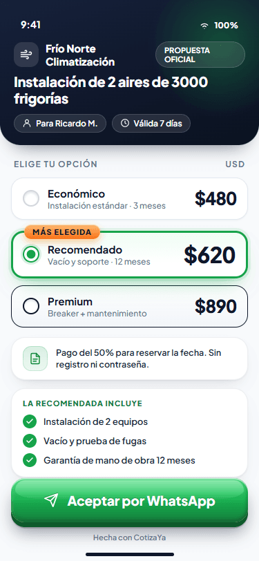 Lo que ve tu cliente en WhatsApp: tres opciones y un botón para aceptar