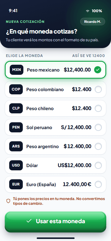 Selector de moneda con formatos de cada país